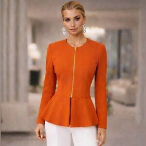 NEW YORK & COMPANY Orange Stretch Peplum Zipper Blazer NWT Size L (fits M-L)